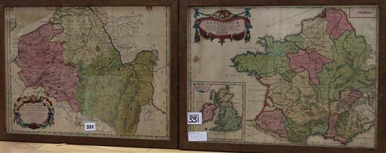 Two Dutch coloured engravings, map of Belgica and Antiquorum, 36 x 49cm